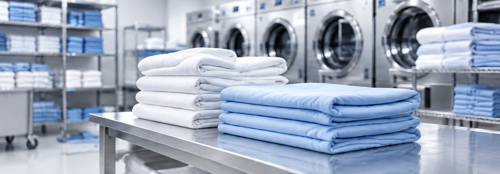 Instalaciones profesionales de lavandería Missis Clean con toallas y prendas textiles dobladas